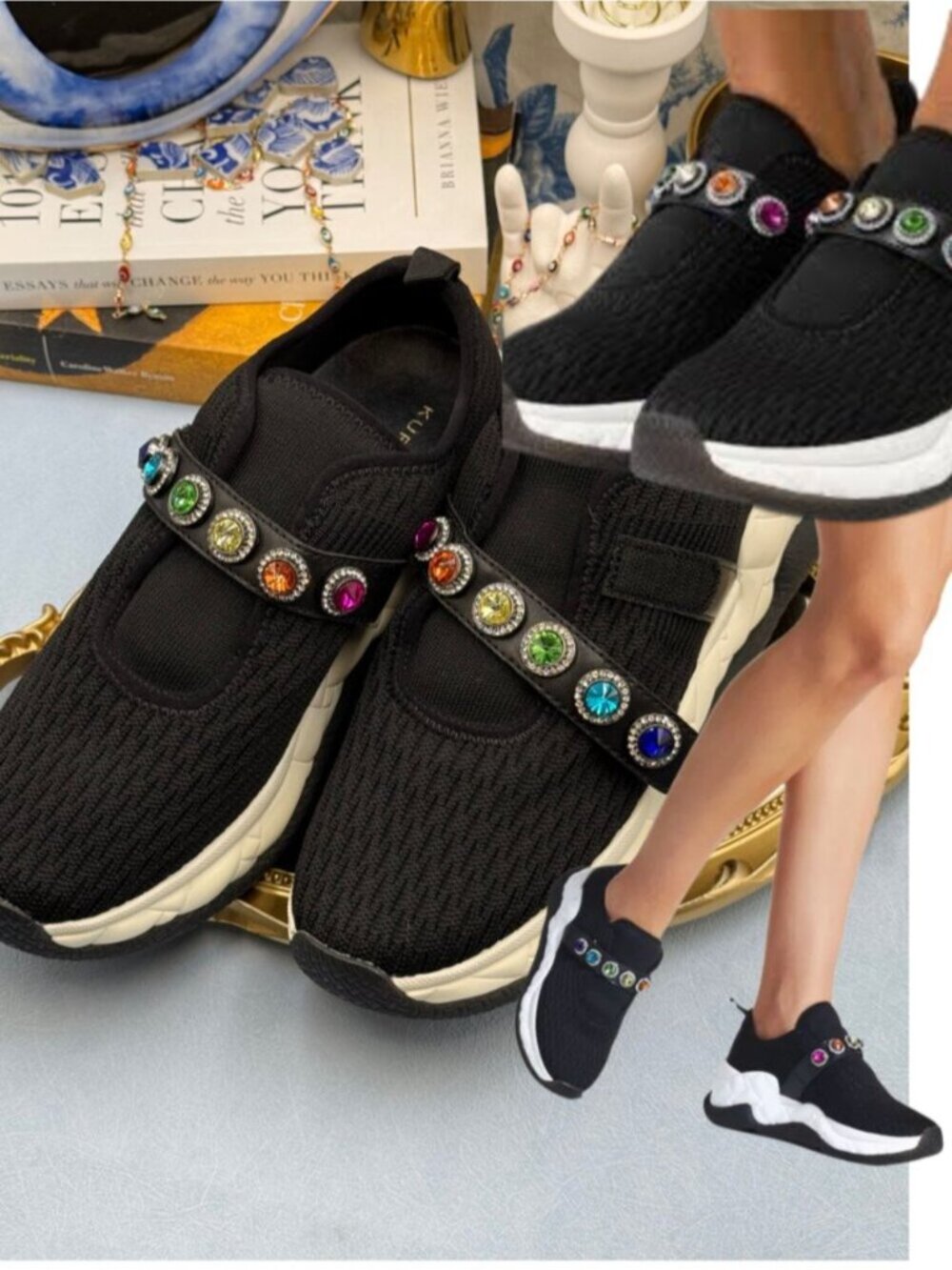 🆕 KURT GEIGER LONDON 🧿 NWOB Knit Rainbow Jewel Sneakers, Black - Sz 40.5 US9.5 - Picture 2 of 14
